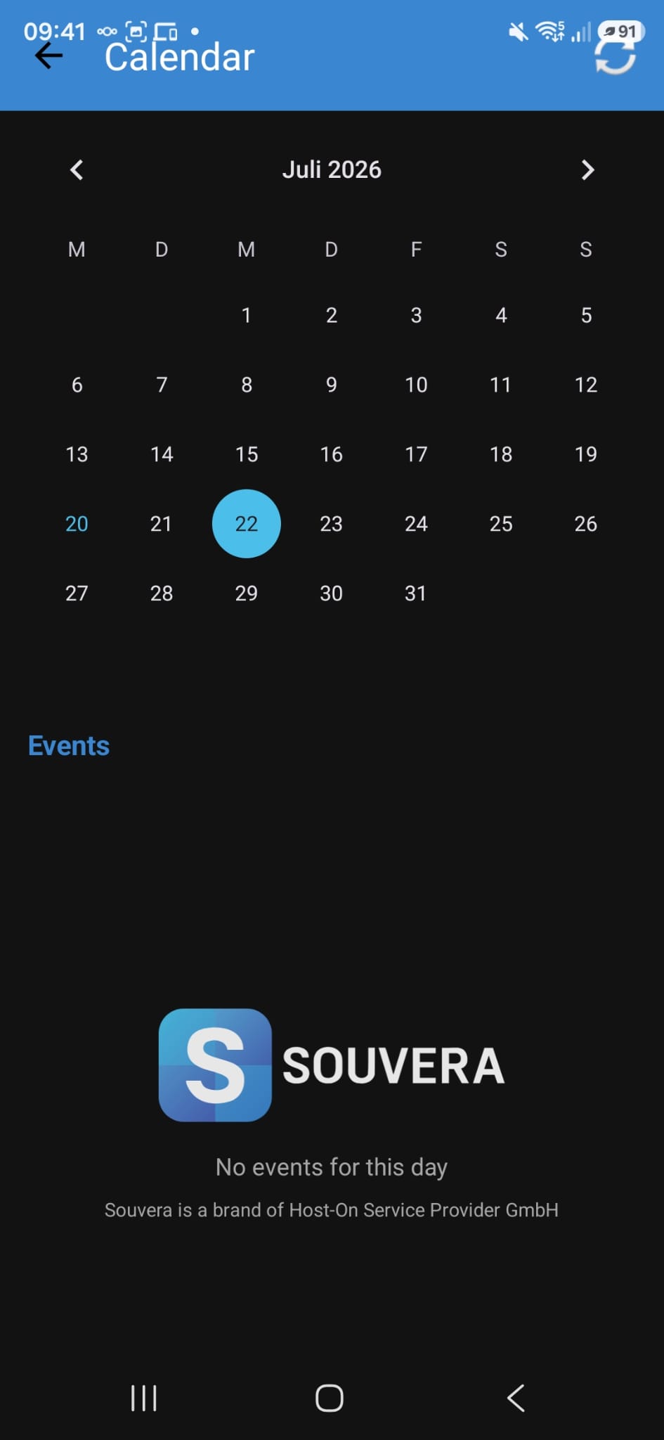 Souvera Workspace agenda op Android in donkere modus